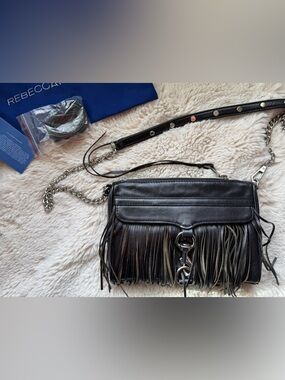 Rebecca Minkoff EUC Black Fringe Crossbody Bag leather with Chain Strap